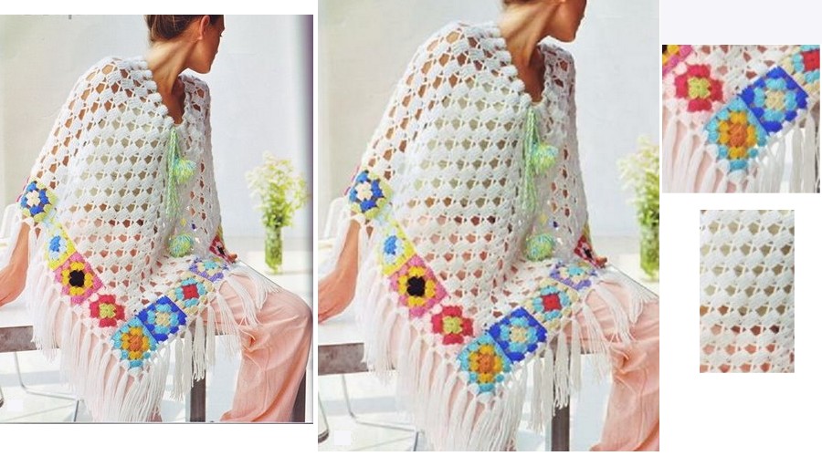 El hotel Residuos Audaz White Crochet Poncho with colored squares and fringes | Home, Garden and  Crochet Patterns and Tutorials